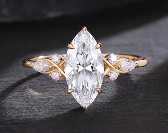 2ct IGI Marquise Cut Lab Diamond Engagement Ring Vintage 14k Solid Gold Twig Wedding Ring Dainty Bridal Jewelry Anniversary Gift for Her