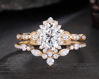 2PC Oval Moissanite Engagement Ring Set Unique V-Shaped Diamond Stacking Wedding Ring 14k Solid Gold Promise Ring Bridal Set Gift For Her