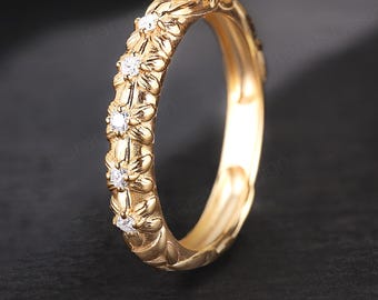 14k Solid Gold Flower Wedding Band, Engraved Matching Wedding Ring, Handcrafted Bridal Jewelry, Anniversary Gift for Her, Stackable Ring