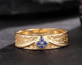 Nature Inspired Engraved Leaf Wedding Band, 14k Solid Gold 5MM Matching Ring, His and Her Promise Ring, Handcrafted Jewelry, Gift for Her