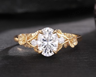 Nature Inspired Oval Lab Diamond Engagement Ring 14k Solid Gold Floral Bridal Ring Handcrafted Wedding Jewelry Anniversary Gift for Her