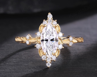 2ct 14k Marquise Cut Lab Diamond Engagement Ring Vintage Diamond Halo Leaf Wedding Band Nature Inspired Promise Ring Wedding Gift for Her