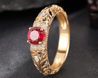 Vintage Ruby Filigree Engagement Ring Personalized Openwork Art Deco Diamond Wedding Ring Handcrafted Promise Ring for Her Gift for Wife