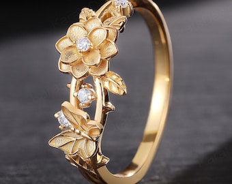 Nature Inspired Floral Wedding Band, 14k Gold Personalized Leaf & Butterfly Stackable Ring, Statement Ring for Women, Anniversary Gift