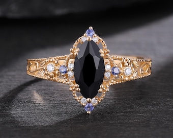 Vintage Black Onyx Marquise Engagement Ring, 14k Solid Gold Daisy Promise Ring, Art Deco Filigree Wedding Ring for Women, Gift for Her