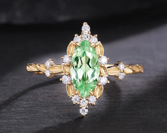 14K Art Deco Green Sapphire Engagement Ring Marquise Cut Moissanite Cluster Leaf Wedding Band, Nature Inspired Sapphire Promise Ring for Her
