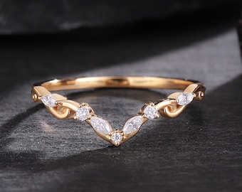 Delicate Marquise Moissanite Wedding Band, 14k Solid Gold V Shape Stackable Ring, Art Deco Matching Ring for Women, Anniversary Gift for Her