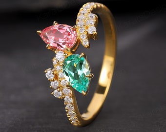 ペアカットのピンクサファイアとブルートルマリンのリング：ツートン