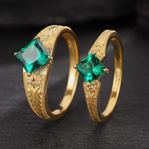 Vintage Princess Cut Emerald Couple Promise Ring Unique Engraved 14k Solid Gold Couple Matching Wedding Ring His and Her Engagement Ring