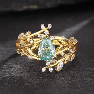 Pear Cut Green Moissanite Engagement Ring Dainty Solid Gold Diamond Cluster Twig Wedding Ring Vintage Bridal Promise Ring Anniversary Gift