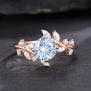 Natural Round Aquamarine Engagement Ring 14k Gold Branch Marquise Moissanite Wedding Ring Custom Star Aquamarine Promise Ring Gifts for Wife