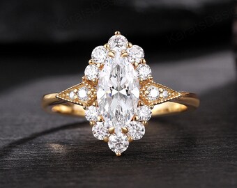 Vintage Marquise Cut Lab Diamond Engagement Ring, 1.5ct Milgrain Diamond Halo Wedding Band 14k Solid Gold Promise Ring, Wedding Gift for Her