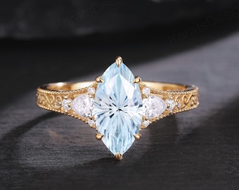 Natural Aquamarine Marquise Cut Engagement Ring, Unique Engraved Filigree 14k Gold Promise Ring, Art Deco Wedding Anniversary Gift for Her