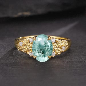Natural Oval Moss Agate Engagement Ring Nature Inspired Leaf Floral Wedding Rings for Women  14K Gold Green Agate Promise Ring Gift for Wife
