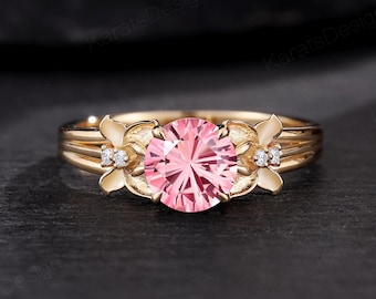 Pink Sapphire Nature Inspired Floral Engagement Ring 14k Solid Gold Daffodil Promise Ring Custom Birth Flower Ring Wedding Gift for Women