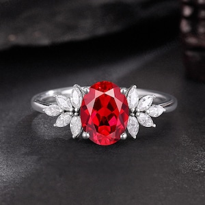 Platinum Oval Ruby and Diamond Engagement Ring Delicate Marquise Cut Moissanite Wedding Ring for Women July Birthstone Birthday Ring Gifts