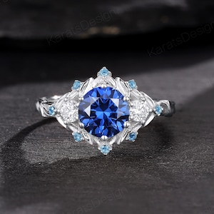 Anillo de compromiso vintage con hoja de zafiro redondo, oro de 14 quilates, halo de topacio natural, anillo de bodas único con flor de zafiro, regalo para novia.