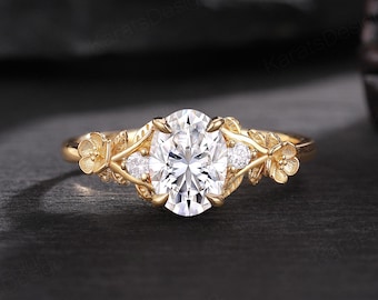 Vintage Oval Cut Moissanite Engagement Ring, 14k Gold Poppy Birth Flower Promise Ring, Personalized Bridal Jewelry, Gift for Girlfriend