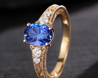 Unique Firework Cut Sapphire Engagement Ring, 10k Yellow Gold Filigree Promise Ring, Personalized Wedding Jewelry, Anniversary Gift for Her