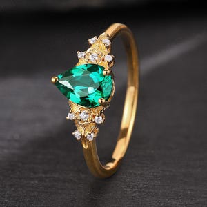 14kGold Pear Emerald Floral Engagement Ring Unique Diamond Fairytale Bridal Wedding Ring Nature Inspired Moissanite Promise Anniversary Ring