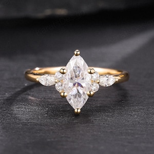 Vintage Marquise Cut Moissanite Engagement Ring Women's Diamond Wedding Ring with Side Stone Delicate 14k Solid Gold Diamond Promise Ring