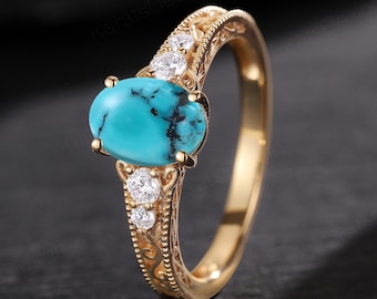 Vintage Oval Turquoise Engagement Ring 14k Gold Art Deco Filigree Wedding Ring Personalized Bridal Jewelry Promise Anniversary Gift for Her