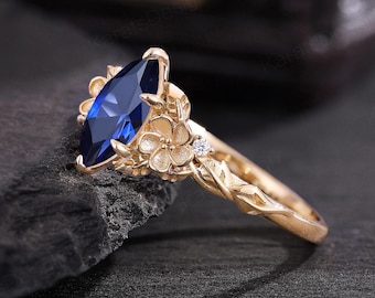 Marquise Royal Sapphire Cosmos Engagement Ring 14k Gold Nature Inspired Birth Flower Bridal Ring Custom Floral Promise Ring Gift for Wife