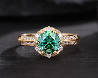Vintage Round Green Moissanite Engagement Ring, 14k Gold Cathedral Bridal Ring, Art Deco Diamond Halo Wedding Band, Anniversary Gift for Her