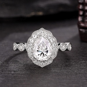 Vintage Pear Moissanite Engagement Ring White Gold Diamond Halo Wedding Ring Unique Milgrain Diamond Promise Ring for Women Gift for Friend