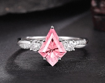 Unique Fireworks Cut Pink Sapphire Engagement Ring 925 Silver Cluster Diamond Bridal Gift Kite Cut Sapphire Promise Ring Anniversary Gifts