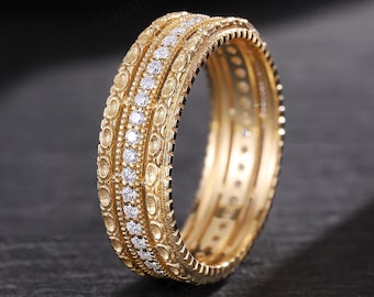 Victorian 14k Diamond Eternity Wedding Ring, Engraved Filigree Matching Wedding Band, 5MM Solid Gold Stackable Ring, Proposal Gift for Her