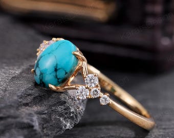 Vintage Oval Turquoise Engagement Ring Solid 14k Gold Women's Wedding Ring with Diamonds Natural Turquoise promise Ring Gift for Her