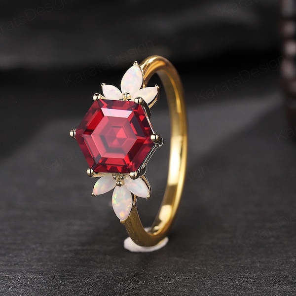 Anillo de compromiso con rubí hexagonal único, oro de 14 k, anillo de ópalo blanco marquesa, anillo de bodas con rubí Art Deco, delicado anillo de promesa nupcial, regalo para un amigo