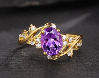 Vintage 1.5ct Purple Sapphire engagement ring Nature inspired Moissanite Cluster Leaf wedding Ring September Birthstone Ring Gift for Wife