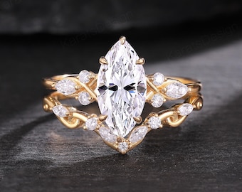 Vintage Marquise Moissanite Twig Engagement Ring Set Unique V-Shaped Diamond Stacking Wedding Ring 14k Solid Gold Bridal Set Gift For Her