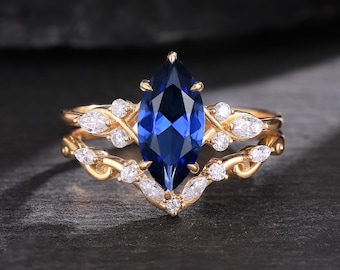 2PCS Marquise Cut Royal Sapphire Engagement Ring, Moissanite Cluster Curved Wedding Band, 14k Solid Gold Stackable Promise Bridal Ring Set