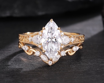 Vintage Marqusie Cut Lab Diamond Engagement Ring Set, 14k Solid Gold Curved Stackable Wedding Band, Art Deco Engraved Filigree Promise Ring
