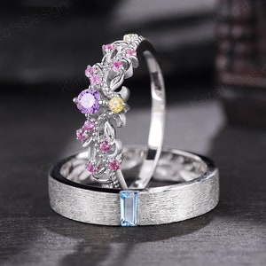 Nature Inspired Alexandrite and Amethyst Couple Promise Ring 14k Gold Couple Wedding Ring His and Her Anniversary Ring Gift for Boyfriend