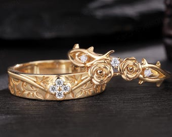 Nature Inspire Thorns and Roses Diamond Couple Ring Set, His and Her Wedding Band, 14k Solid Gold Couple Ring, Anniversary Gift for Him