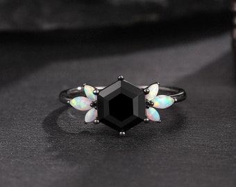 Vintage Hexagon cut Black Onyx Wedding Ring Gothic black gold Opal engagement ring Unique butterfly desig Black onyx ring Anniversary Gift