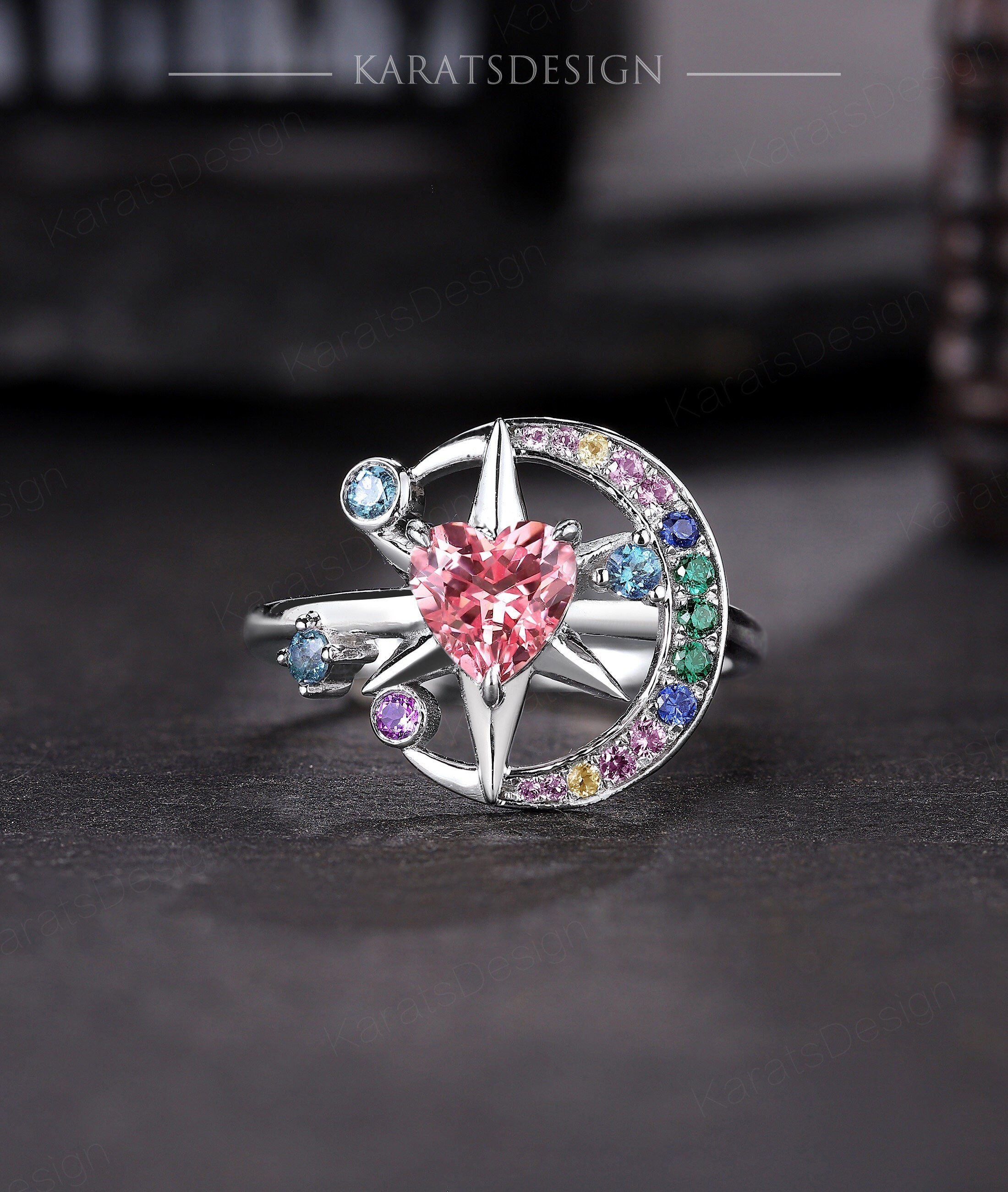 14k Gold Heart Pink Sapphire Moon Design Engagement Ring Delicate Gradient Color Star Sapphire Wedding Ring Art Deco Anniversary Ring Gifts