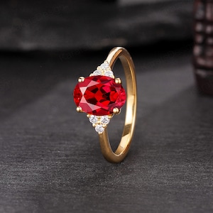 Delicate Oval Ruby Engagement Ring Solid Gold Diamond Cluster Promise Ring 1.50CT Oval Ruby Women's Wedding Ring Anniversary Gift for Her
