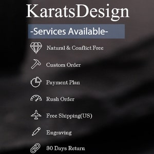 Peut inclure: Un graphique avec le texte "KaratsDesign" et "Services Disponibles" dans une boîte grise. Le graphique liste les services proposés, y compris les diamants naturels et sans conflit, les commandes personnalisées, les plans de paiement, les commandes urgentes, la livraison gratuite en France, la gravure et les retours sous 30 jours.