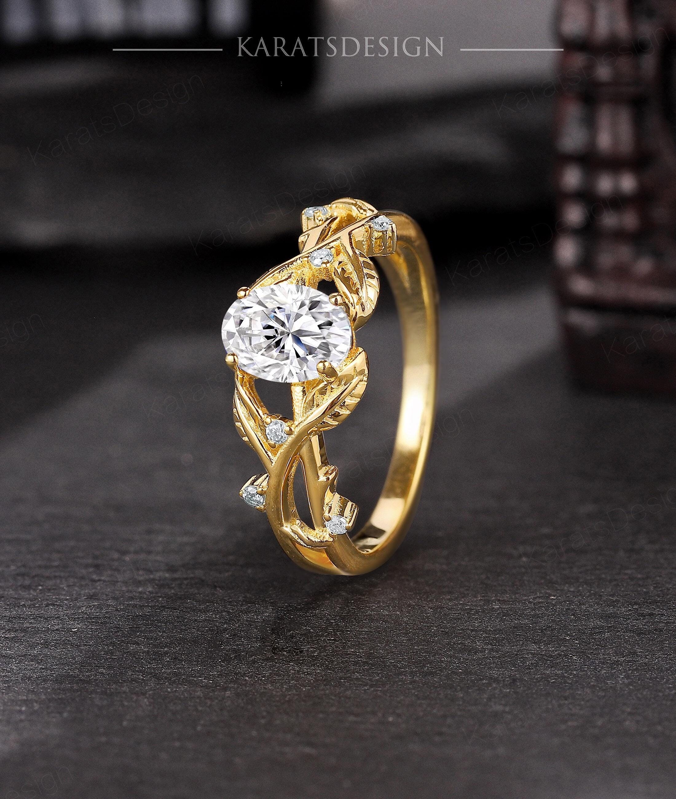 Delicate Oval Moissanite Vine Design Engagement Ring 14k Solid Gold ...