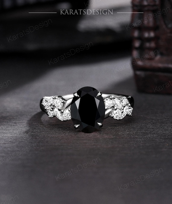 Gothic Black Onyx Flower Engagement Ring Fantasy Black Gold