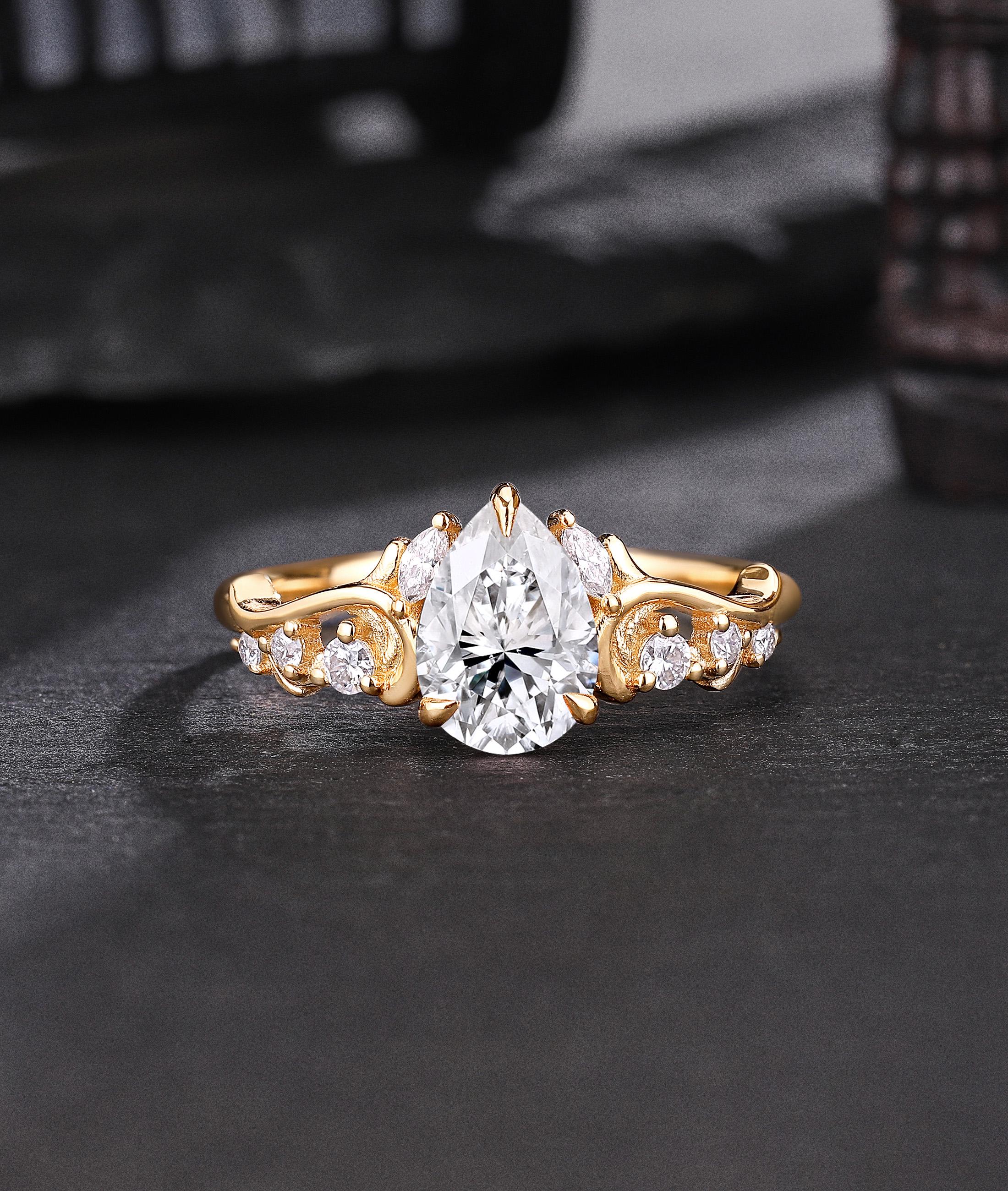 Pear Cut Lab Grown Diamond Engagement Ring Art Deco Vine Cluster ...