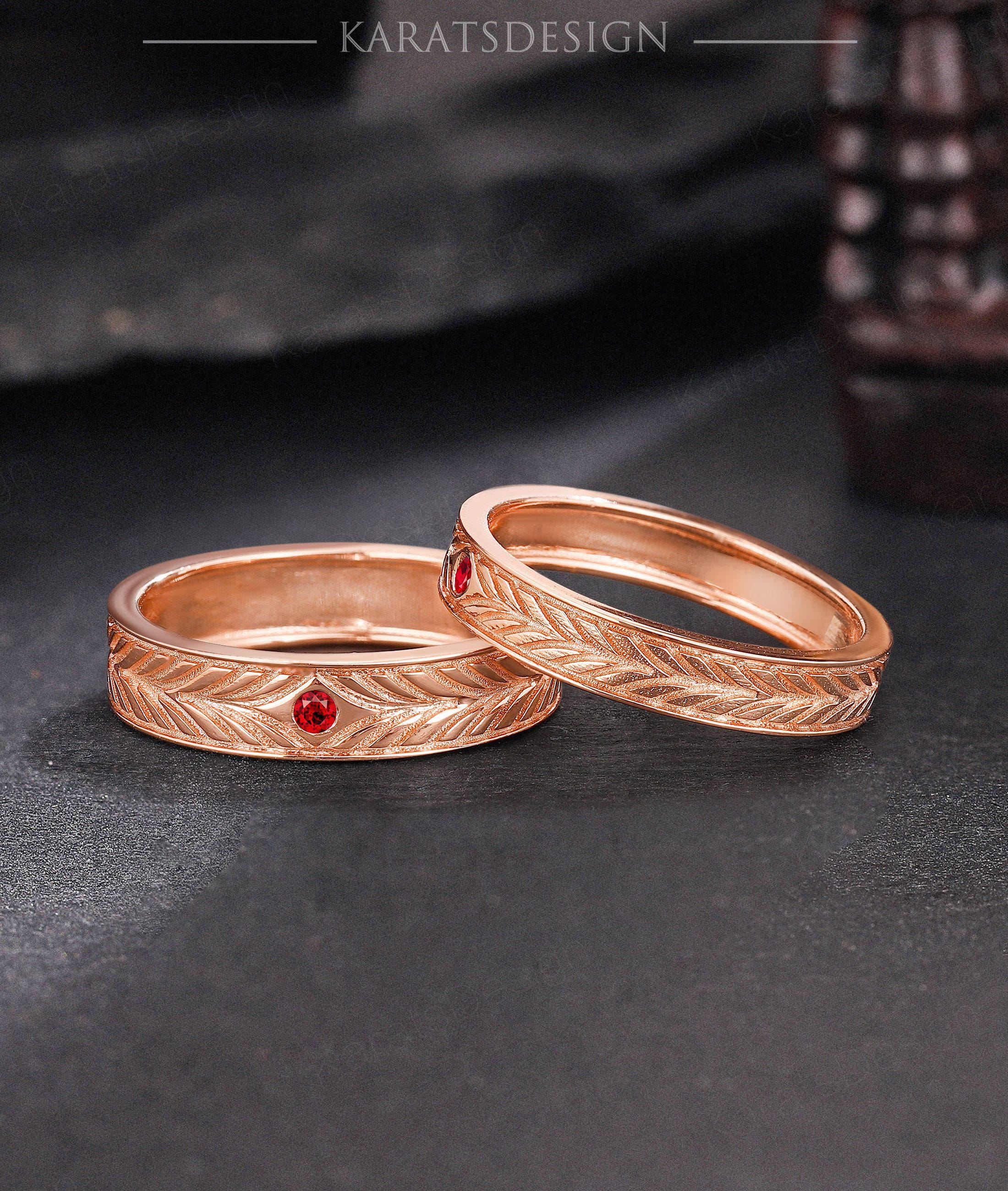 Vintage Ruby Engraved Couple Wedding Ring Set Men's Ruby Leaf Wedding ...