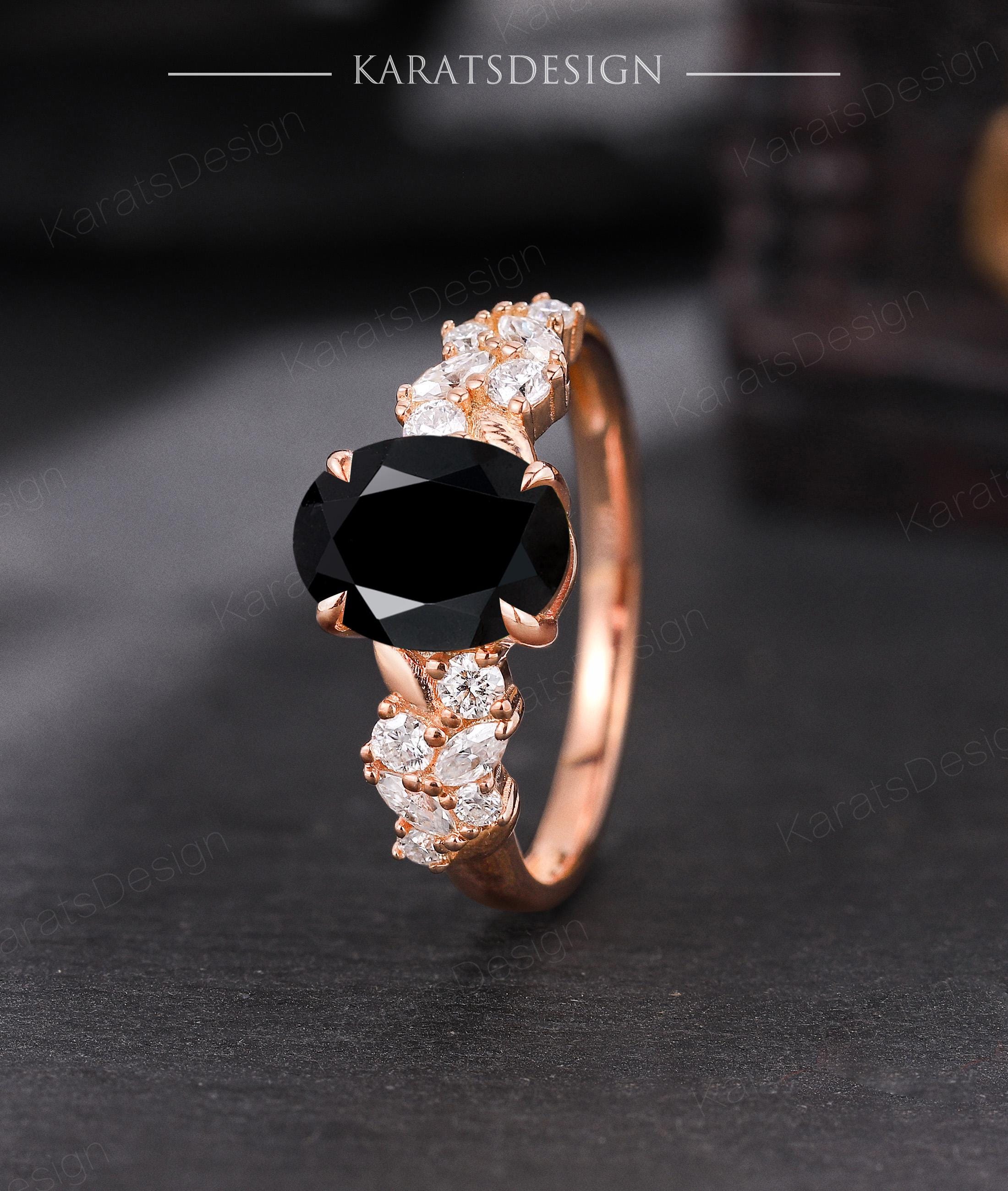 Gothic Black Onyx Flower Engagement Ring Fantasy Black Gold Diamond