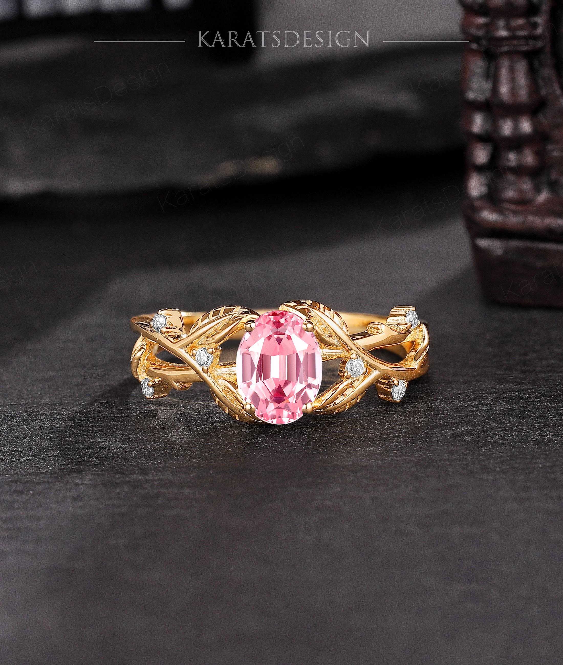 Nature Inspired Peach Sapphire Engagement Ring, 1.0ct Oval Pink Sapphire Leaf Vine Wedding Ring, Custom Bridal Promise Ring Anniversary Gift