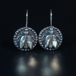 Sterling Silver Bee earrings made from antique vintage button